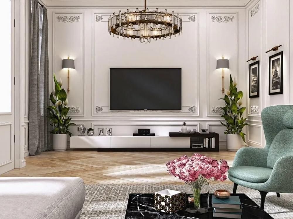 Phòng khách trang nhã sắp xếp nội thất thành cặp mang lại sự cân xứng mềm mại