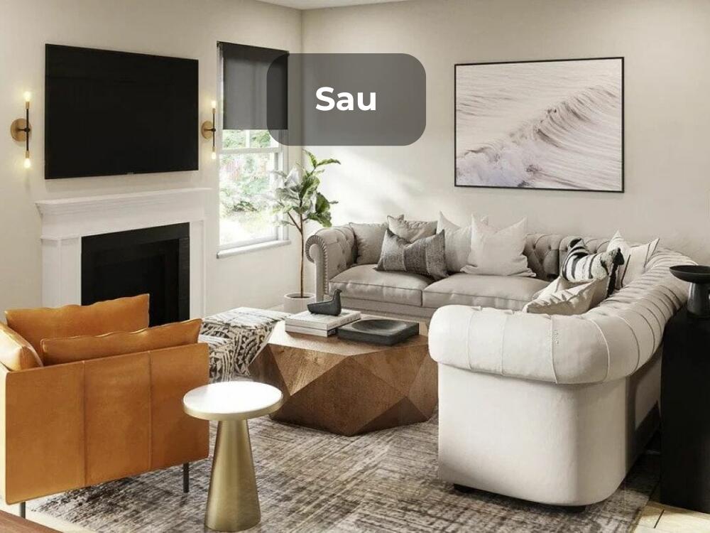 Phòng khách trở nên sang trọng với sofa sát tường và kệ tivi gọn gàng