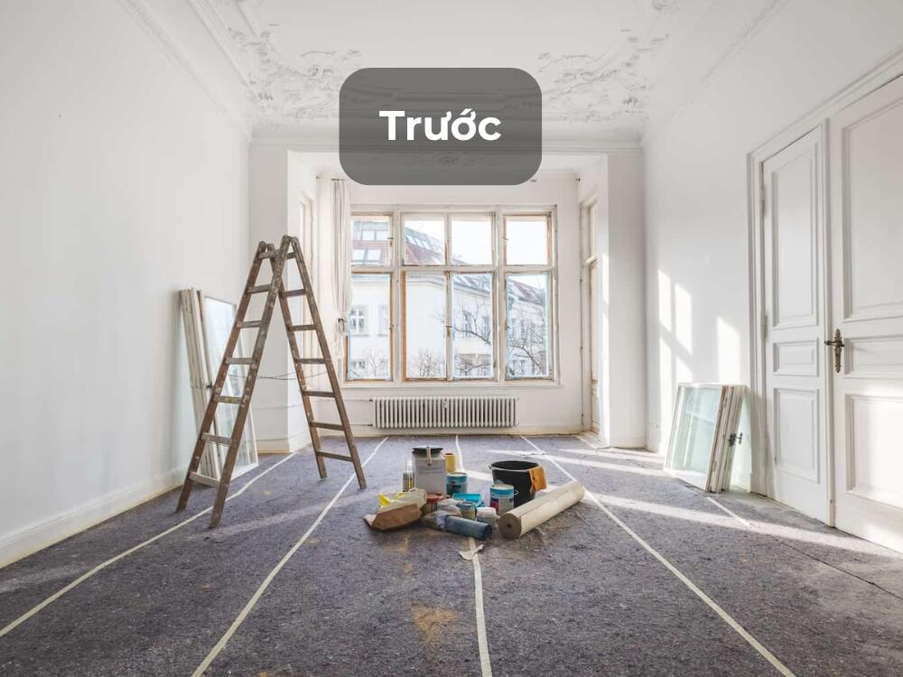 Phòng khách trước khi cải tạo còn đơn điệu và chưa có điểm nhấn xanh tự nhiên