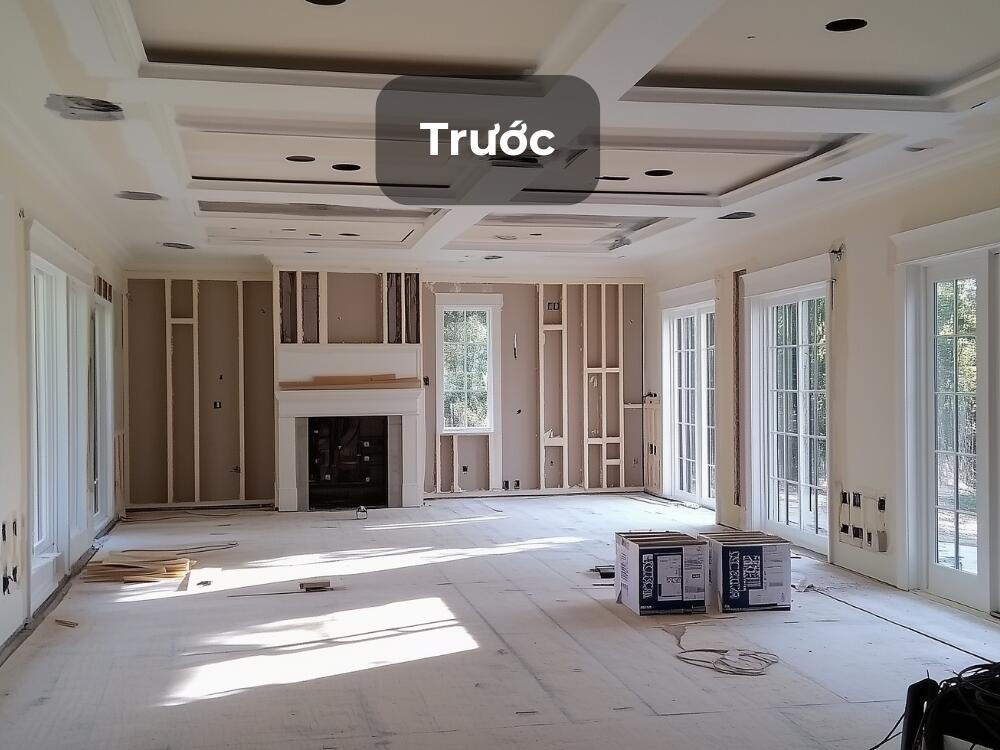 Phòng khách trước khi cải tạo còn thiếu sự ấm cúng và chưa thể hiện phong cách Bắc Âu