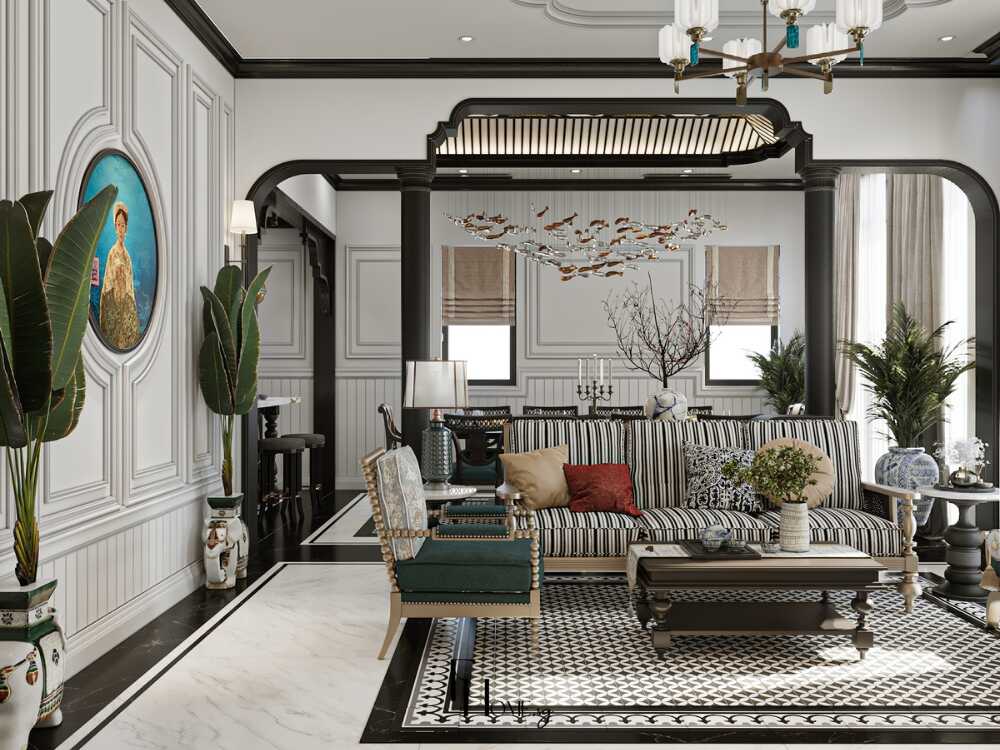 Phòng khách tươi mát với cây xanh nhiệt đới giúp cân bằng không gian và mang lại sinh khí