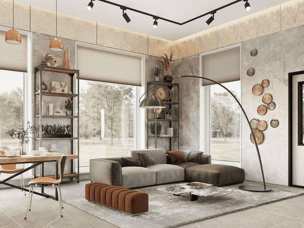 Phòng khách Urban mạnh mẽ với tường gạch thô và trần lộ dầm thép thể hiện vẻ đẹp nguyên bản