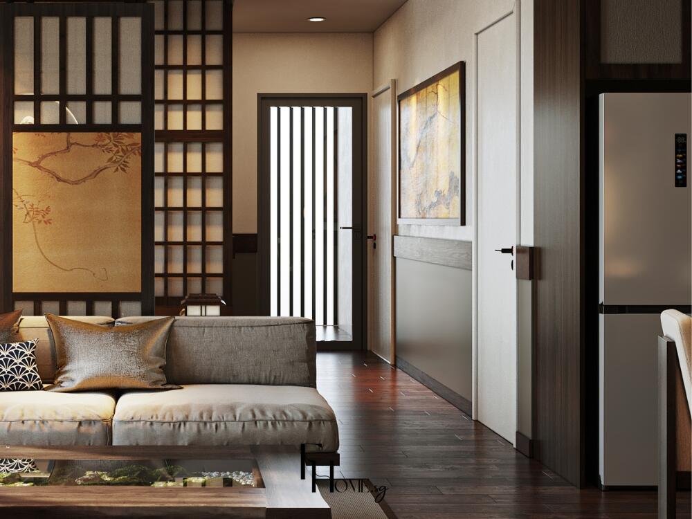 Phòng khách Zen thoáng đãng với cửa Shoji lớn đón sáng nhẹ tạo sự yên bình thư giãn