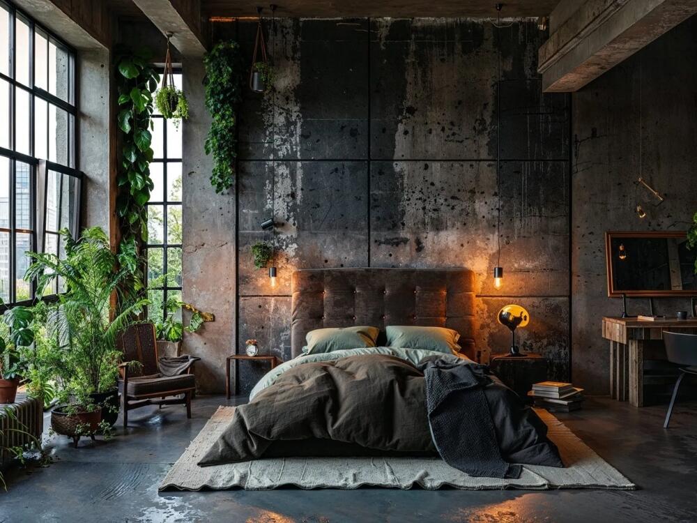 Phòng ngủ ấm áp với đồ da patina và kim loại oxy hóa thể hiện nét hoài cổ mộc mạc