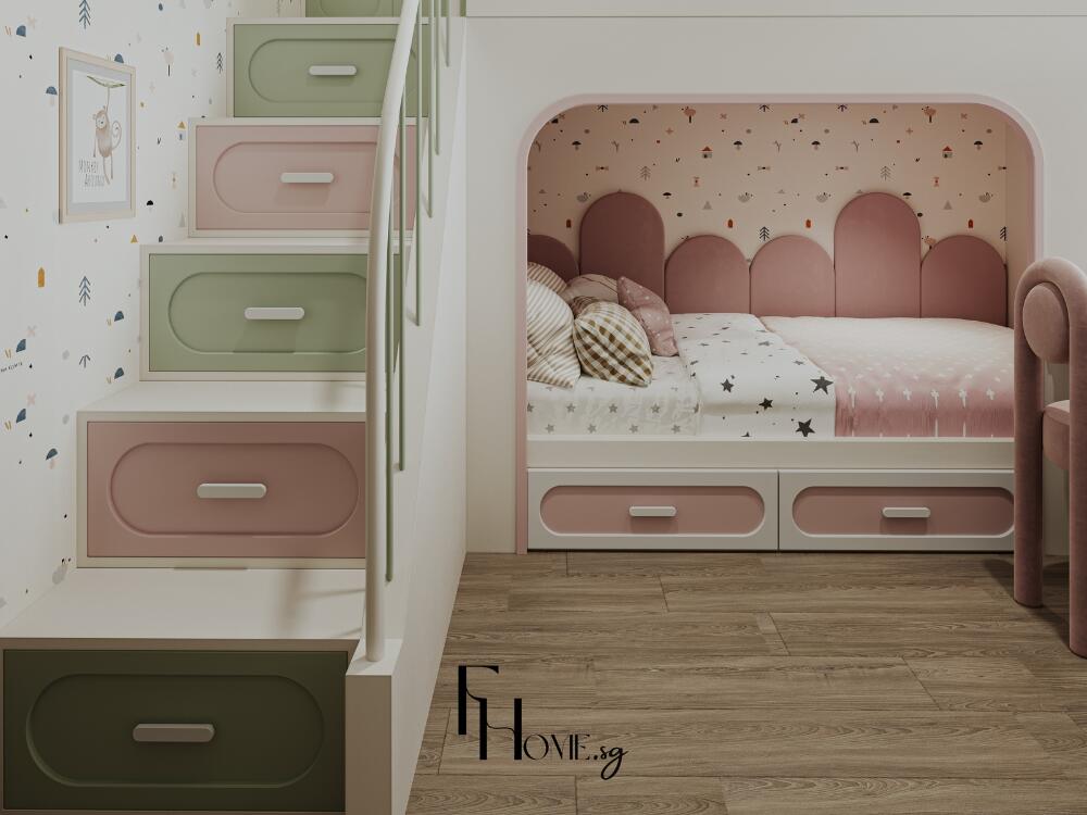 Phòng ngủ bé gái phong cách Hiện đại tối giản với tông pastel nhẹ nhàng và nội thất thông minh