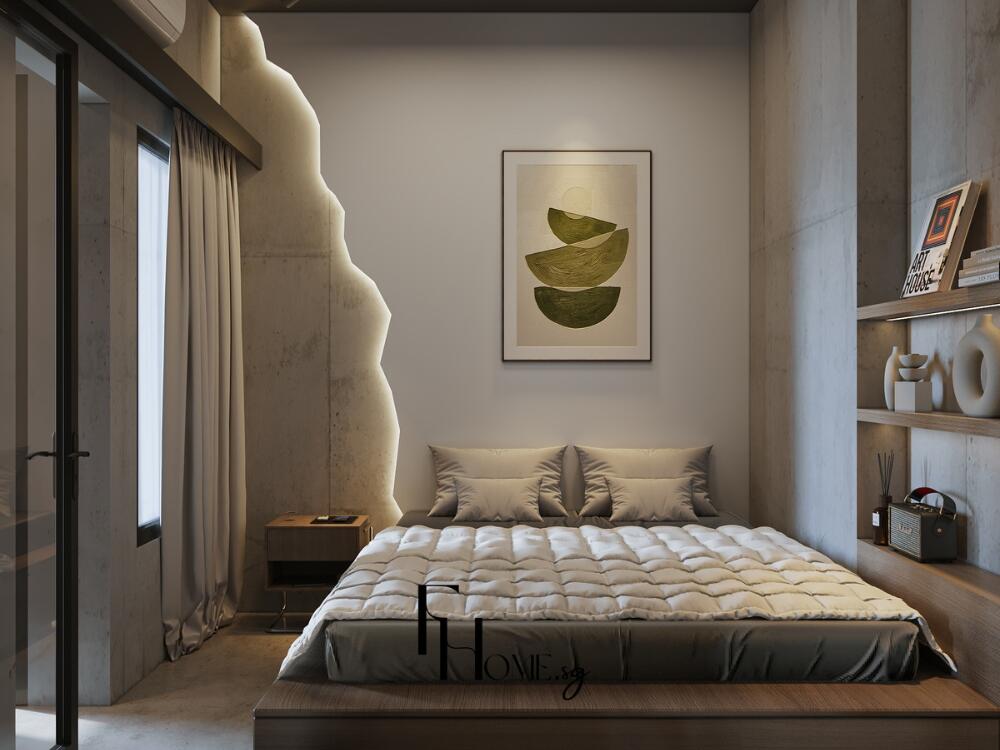 Phòng ngủ Brutalism ấm áp với chăn ga vải bố và tông màu trung tính hài hòa cùng vật liệu thô