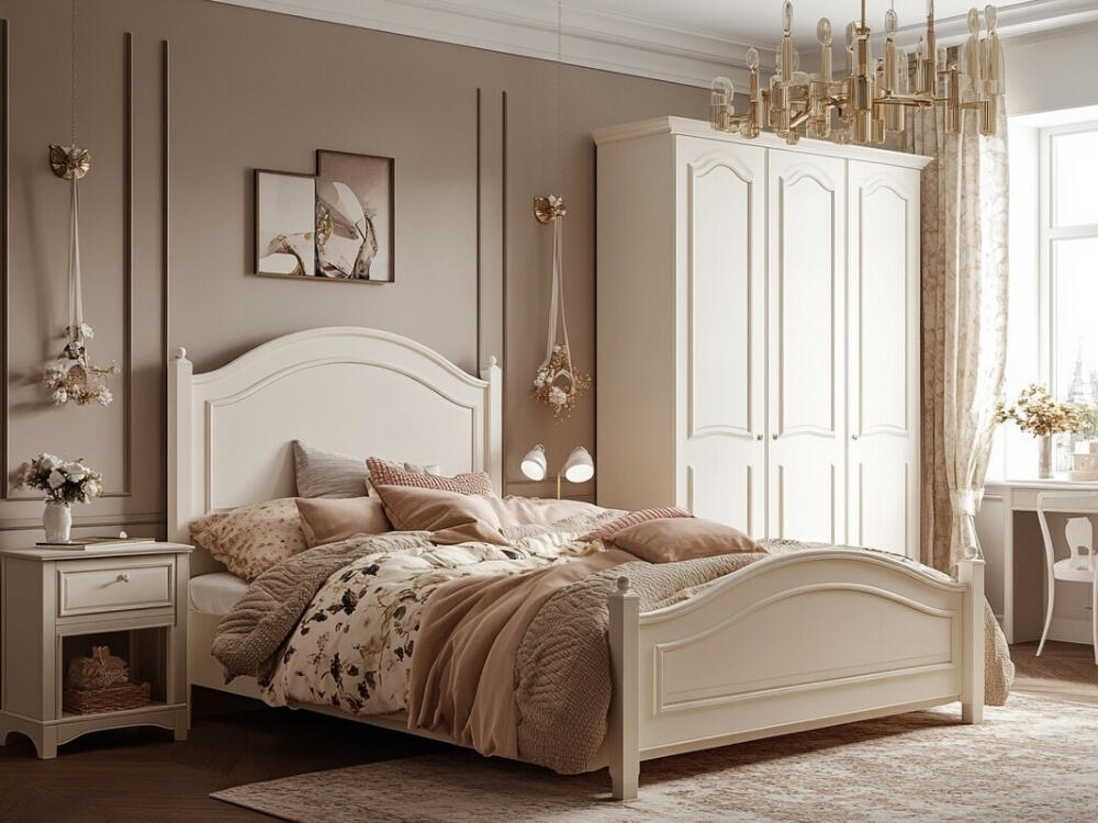 Phòng ngủ Classic ấm áp với vải nhung mềm mại và đường nét nội thất uốn lượn thanh lịch