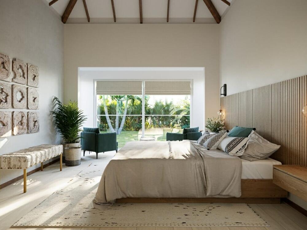 Phòng ngủ Coastal nhẹ nhàng ngập ánh sáng ban mai tạo cảm giác yên bình và thư giãn