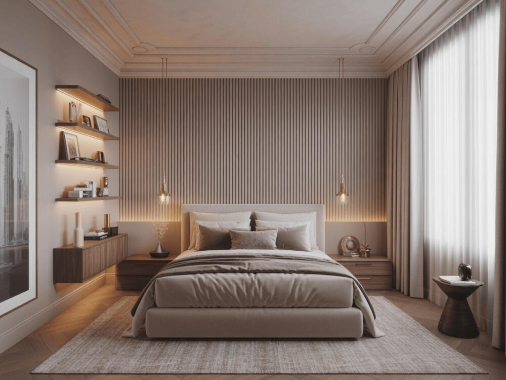 Phòng ngủ Đương đại thanh thoát với nội thất tối giản hình khối rõ ràng thể hiện triết lý ít là nhiều