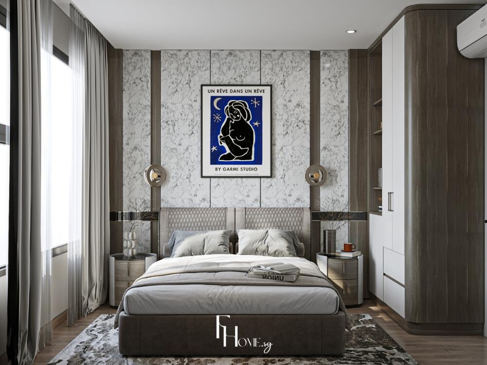 Phòng ngủ hiện đại: vách ốp đá, tủ gỗ-trắng bo góc, và tranh nghệ thuật.