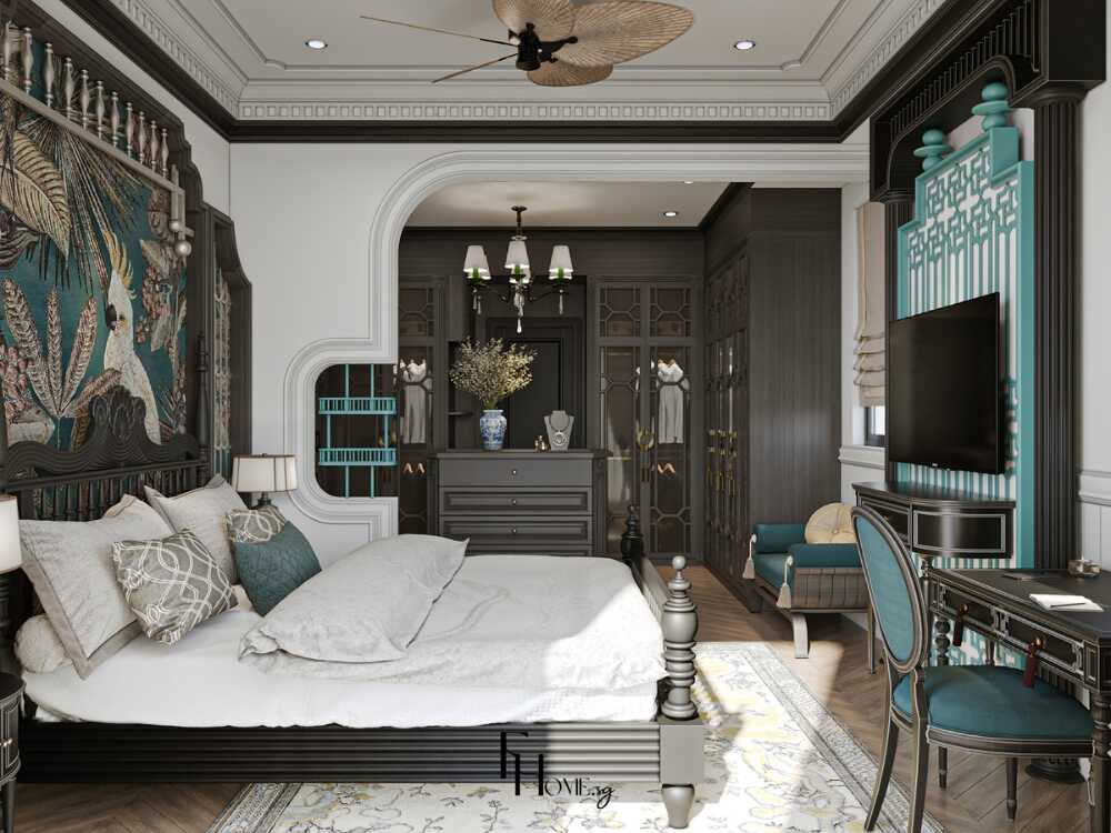 Phòng ngủ Indochine ấm cúng với giường gỗ tự nhiên và họa tiết Á Đông tinh tế