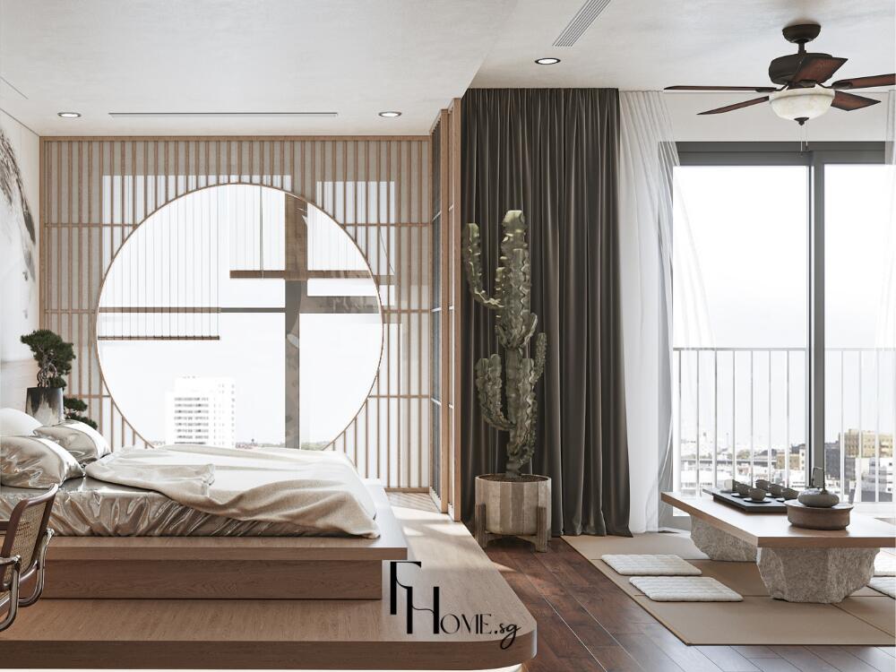 Phòng ngủ Japandi hài hòa giữa gam trung tính nhẹ nhàng và chi tiết đen tối giản