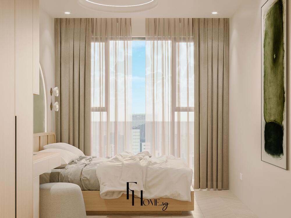 Phòng ngủ Japandi ngập tràn ánh sáng tự nhiên với điểm nhấn màu xanh tinh tế