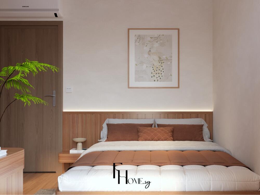 Phòng ngủ Japandi thanh tịnh với giường gỗ sáng màu và chất liệu tự nhiên