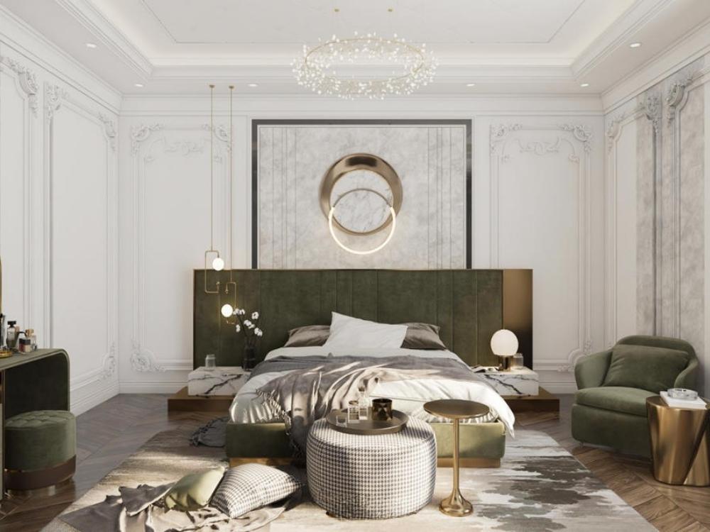 Phòng ngủ master tân cổ điển đẳng cấp với giường bọc nệm bề thế và đường nét tinh xảo