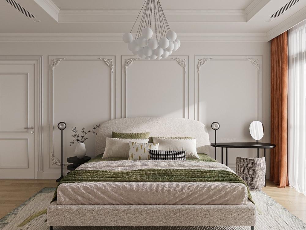 Phòng ngủ master thanh lịch với giường lớn và chi tiết trang trí mềm mại