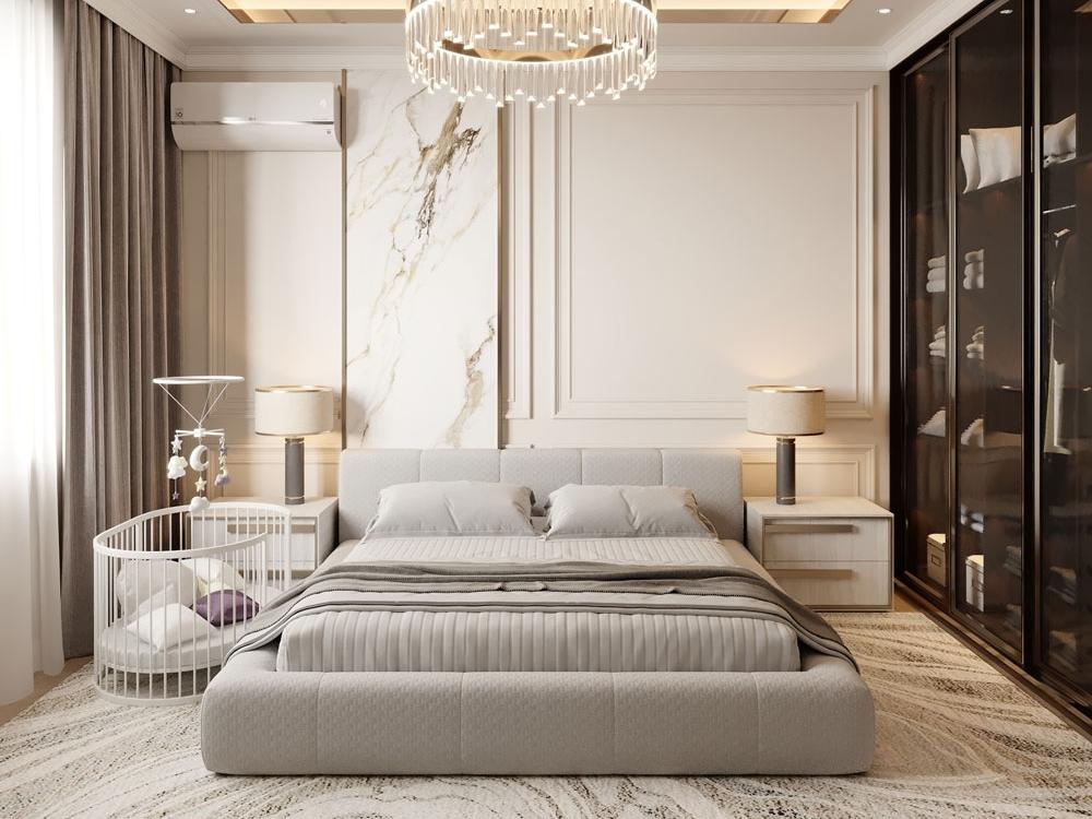 Phòng ngủ nhà phố 100m² thanh lịch thư thái với vài điểm nhấn cầu kỳ nhưng không gây nặng nề