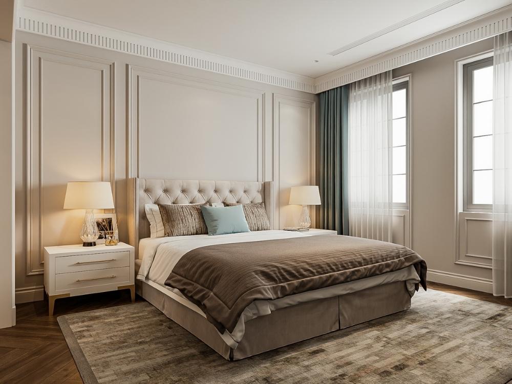 Phòng ngủ nhà phố 90m² thoáng đãng thanh lịch nhờ tiết chế hoa văn và phào chỉ