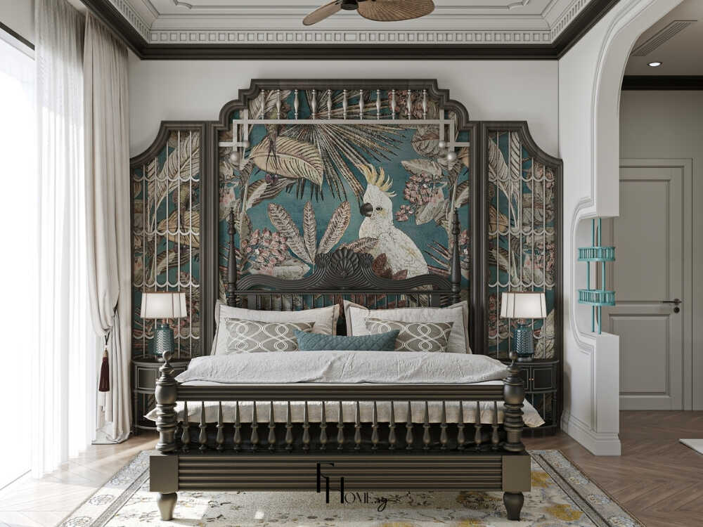 Phòng ngủ nhẹ nhàng với ánh sáng dịu và vật liệu tự nhiên tôn lên nét đẹp Á Đông thanh lịch