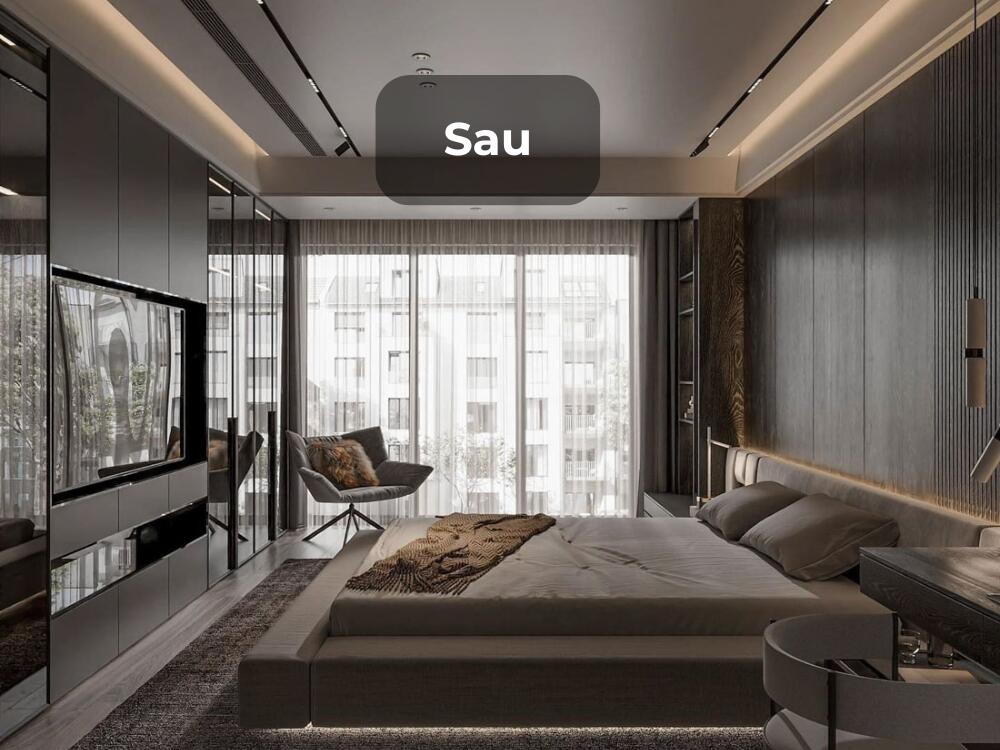 Phòng ngủ nhỏ được mở rộng cảm giác với tông sáng gương lớn và nội thất đa năng