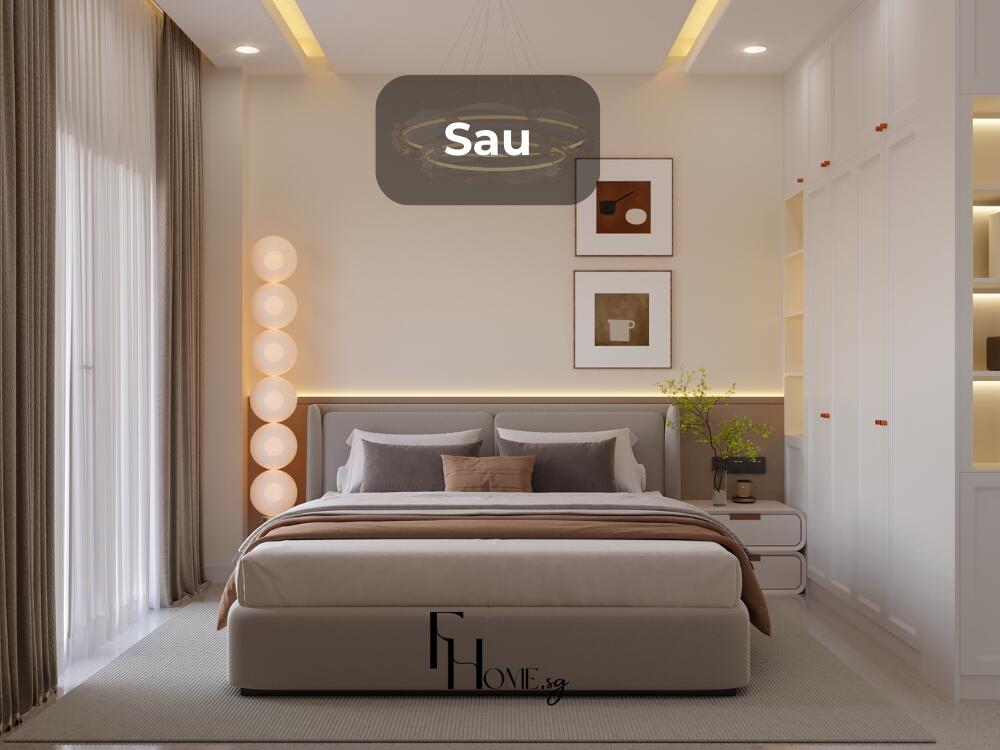 Phòng ngủ phong cách Japandi ấm cúng với kết cấu được gia cố và không gian tiện nghi