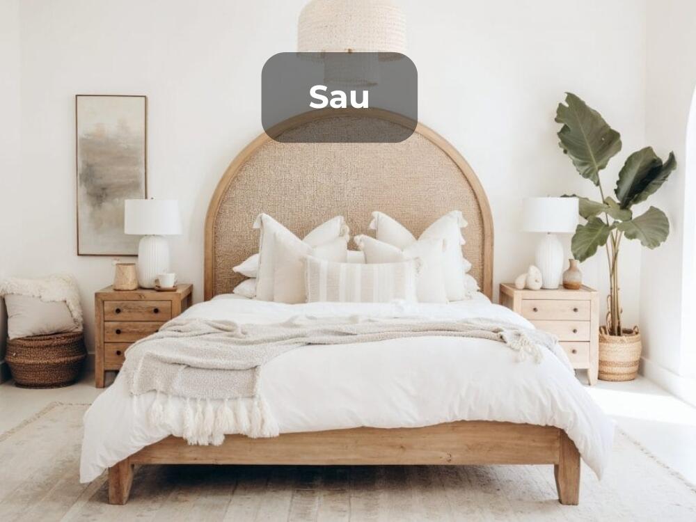 Phòng ngủ phong cách Wabi Sabi với vật liệu thô mộc và gam màu nâu be tạo nên không gian mộc mạc tĩnh tại