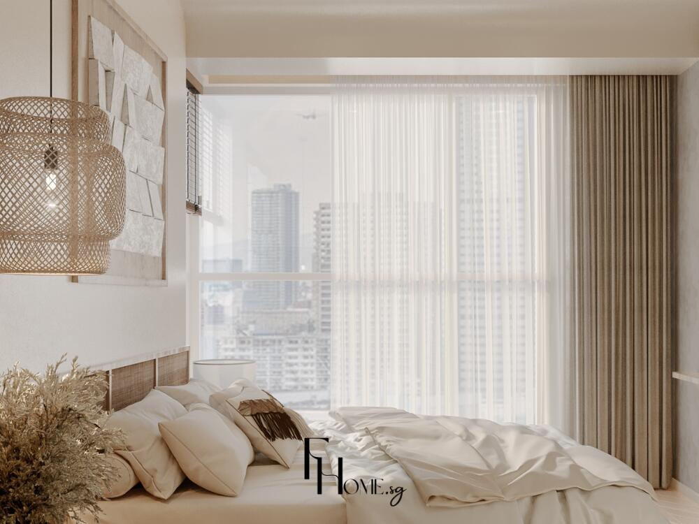 Phòng ngủ Rustic ngập tràn ánh sáng tự nhiên qua khung cửa sổ gỗ lớn tạo cảm giác thư thái