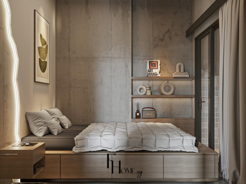 Phòng ngủ Rustic yên bình với giường gỗ tự nhiên và ánh sáng vàng dịu nhẹ