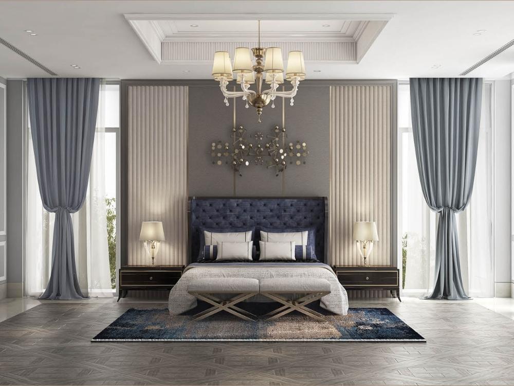 Phòng ngủ tân cổ điển hiện đại thanh lịch với màu trung tính mạnh mẽ và chi tiết tối giản năng động