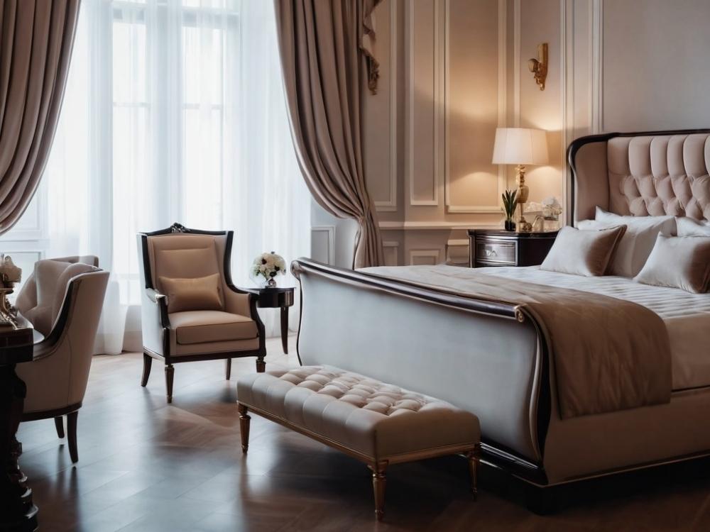 Phòng ngủ tân cổ điển nhẹ nhàng tinh tế với đồ nội thất gọn tỷ lệ chuẩn giúp không gian thoáng và hài hòa