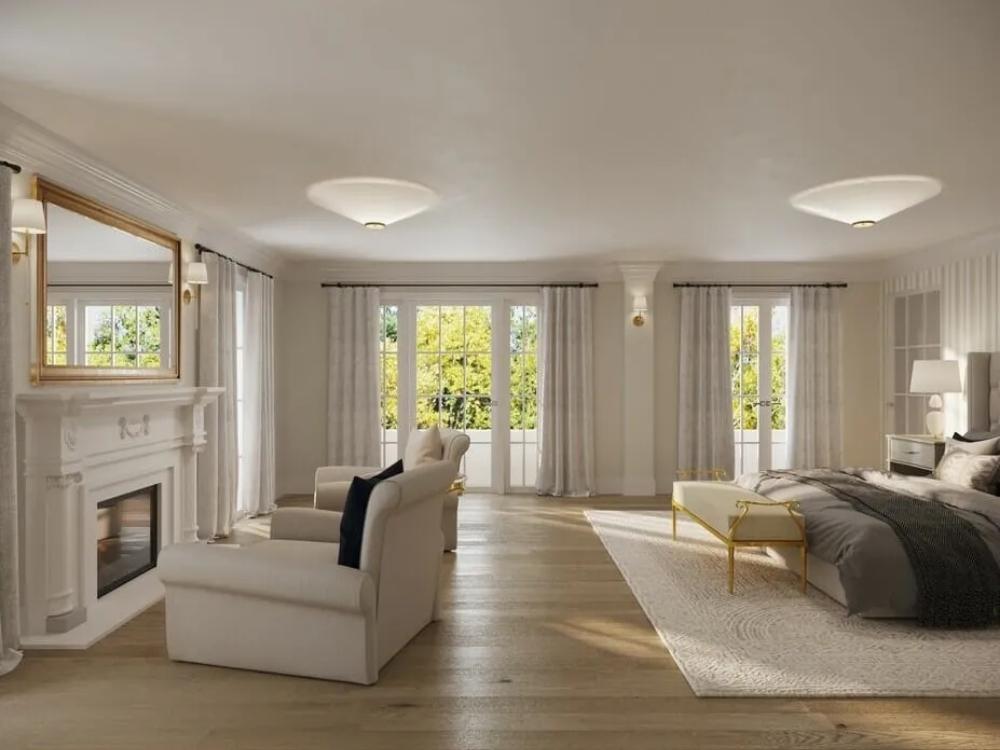 Phòng ngủ tân cổ điển nhẹ nhàng với gam trắng kem điểm xuyết sắc vàng gold tinh tế