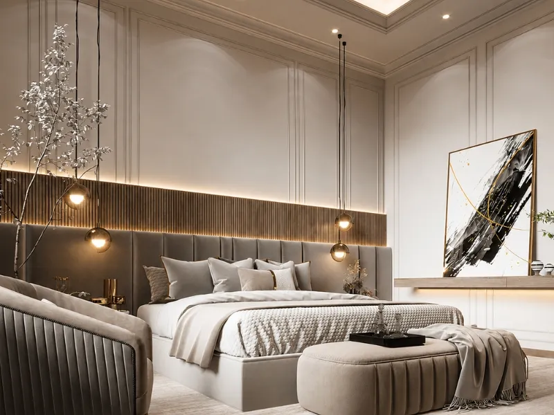 Phòng ngủ chung cư tân cổ điển tông xám taupe hiện đại