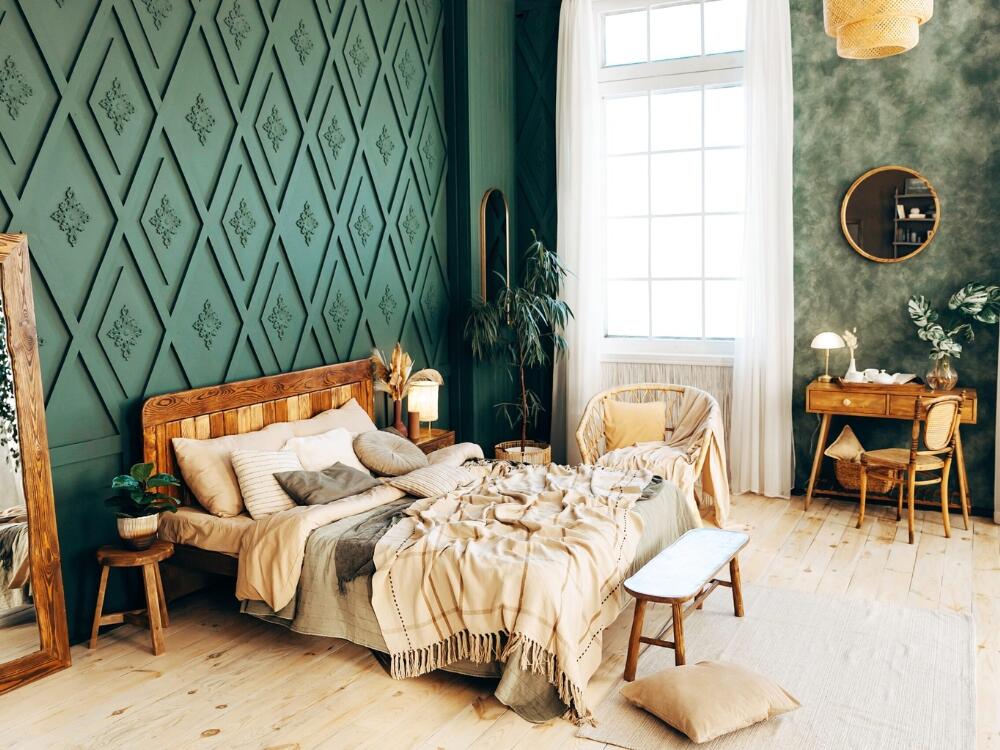 Phòng ngủ Urban sáng dịu với cửa sổ sát trần tạo không gian mở hòa cùng nhịp sống thành thị