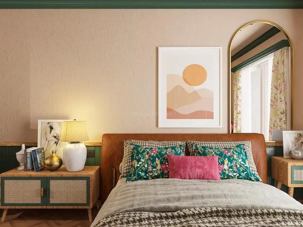 Phòng ngủ vintage thanh lịch với giường gỗ cổ điển và ánh sáng ấm áp