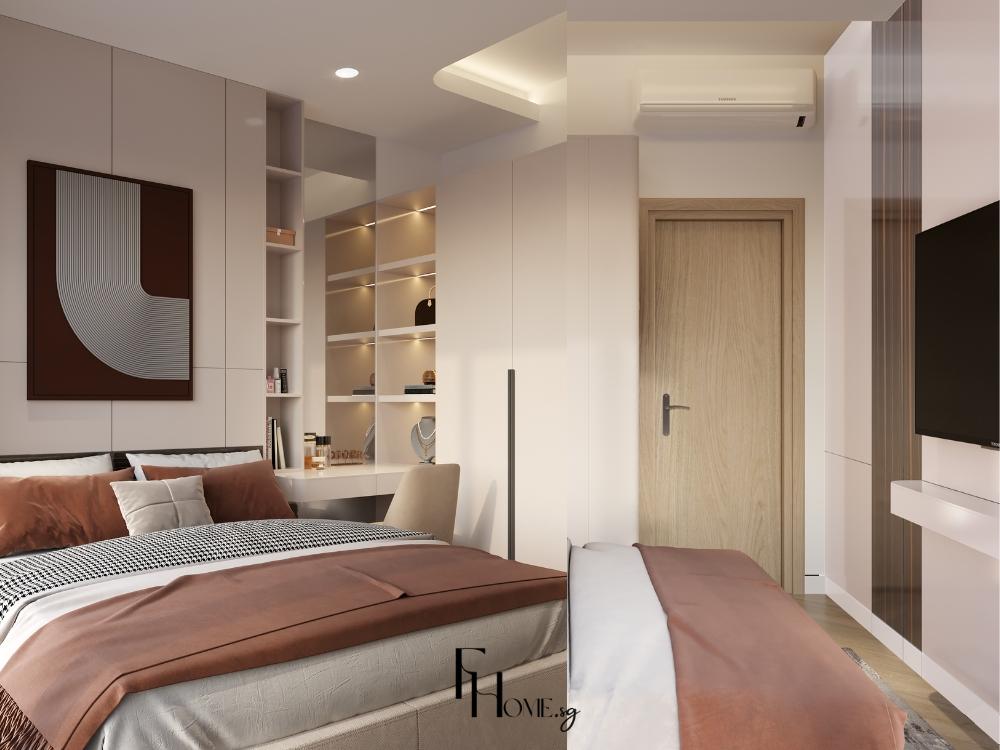 Phòng ngủ với tủ để đồ gắn đèn LED cùng với tông màu vàng, nâu xám là chủ đạo