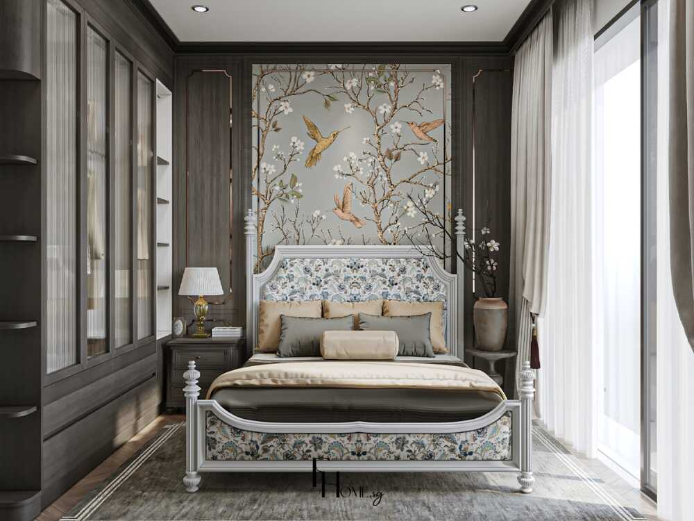 Phòng ngủ yên bình với tông màu trung tính và ánh sáng dịu tạo cảm giác thư giãn hoài niệm