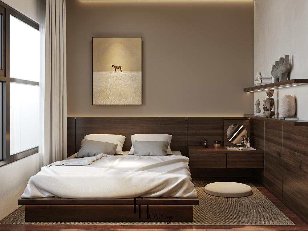 Phòng ngủ Zen yên bình với giường thấp và bảng màu dịu nhẹ mang lại cảm giác thư thái