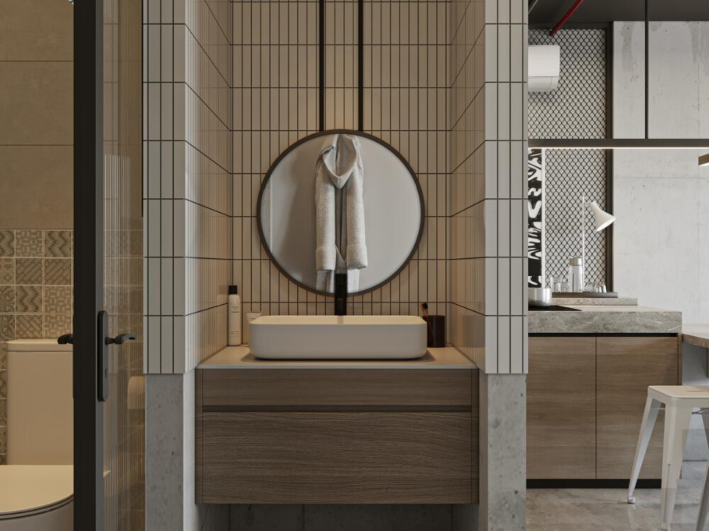 Phòng tắm bền bỉ dễ bảo dưỡng với vách kính cường lực và bề mặt thô tự nhiên