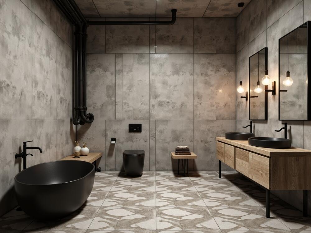 Phòng tắm Brutalism mạnh mẽ với tường bê tông mài và thiết bị tối giản hiện đại