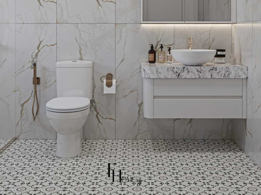 Phòng tắm Indochine thanh lịch với gạch bông họa tiết và gam màu đất nhẹ nhàng thư thái