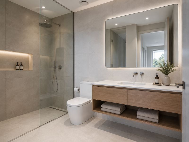 Phòng tắm hiện đại gam trung tính với gạch ốp khổ lớn vách kính tắm đứng và tủ lavabo gỗ treo tường dưới gương đèn hắt