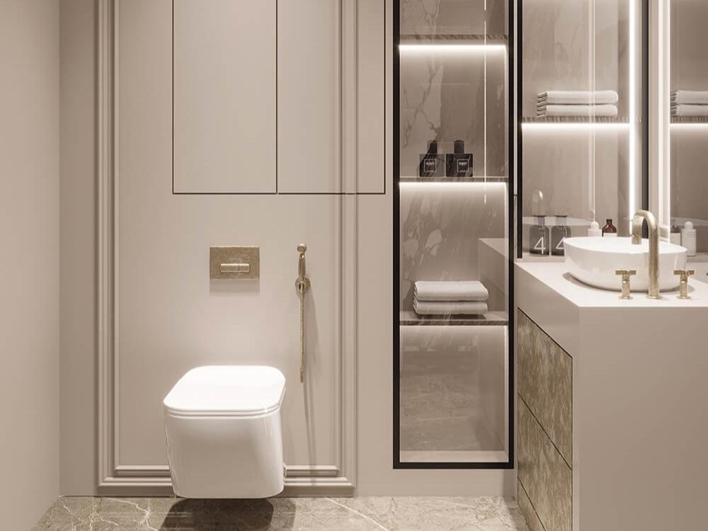 Phòng tắm tân cổ điển sang trọng với đá marble và gương lớn viền kim loại