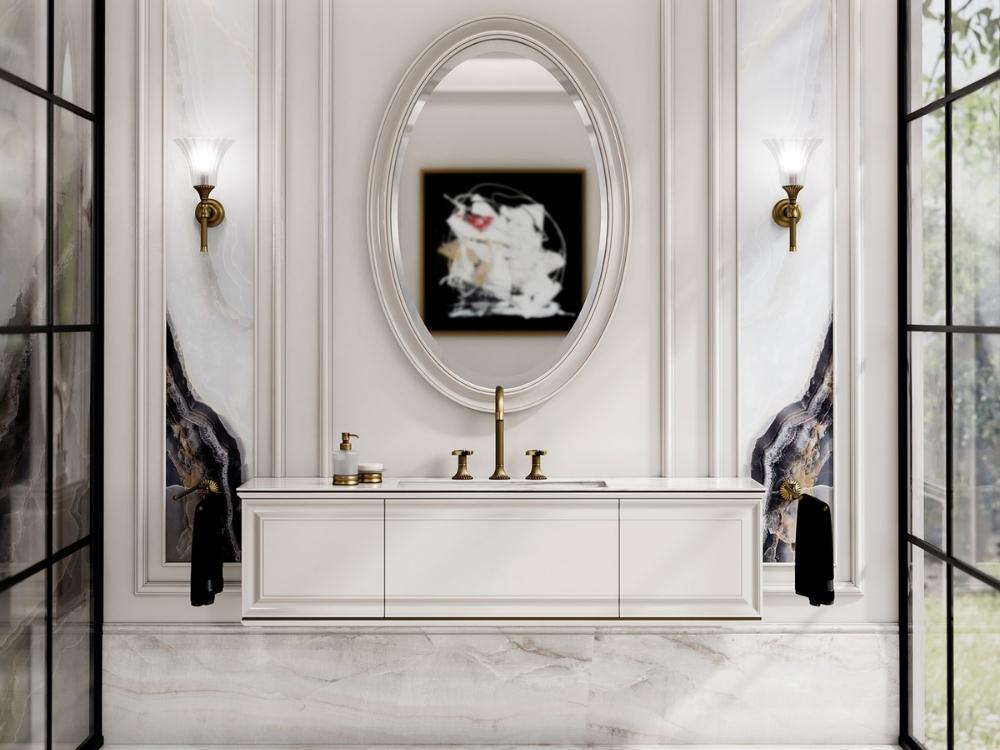 Phòng tắm thanh lịch thư giãn nhờ vật liệu cao cấp và chi tiết trang trí tinh tế