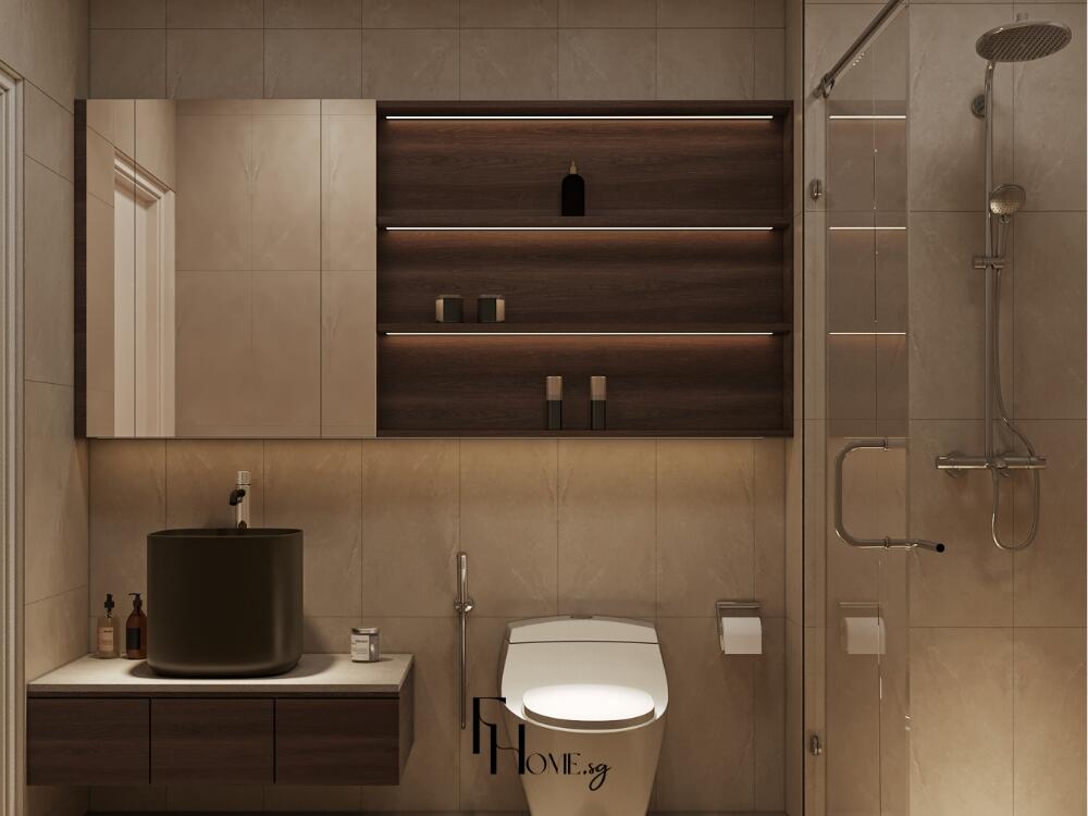 Phòng tắm tối giản sử dụng tông màu trung tính giúp thanh lọc cơ thể và làm dịu tâm trí