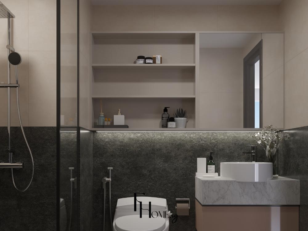 Phòng tắm tối giản tinh tế với thiết bị hiện đại và bề mặt phẳng dễ dàng vệ sinh