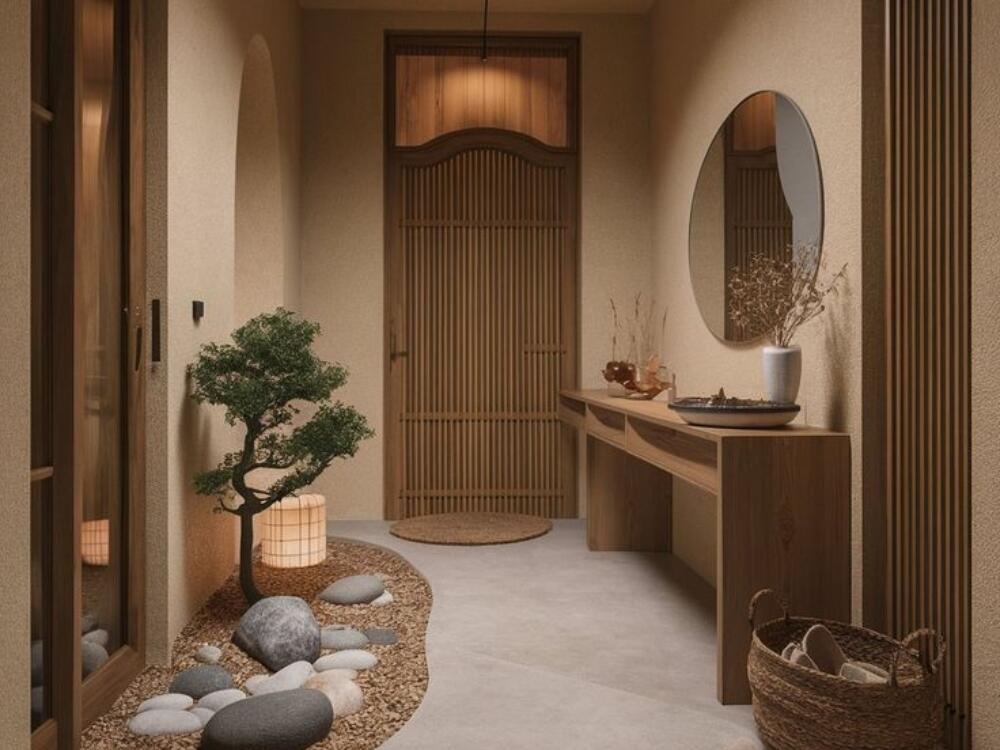 Phòng tắm Zen thanh thoát với đá cuội và gỗ sáng mang lại cảm giác thư giãn tự nhiên