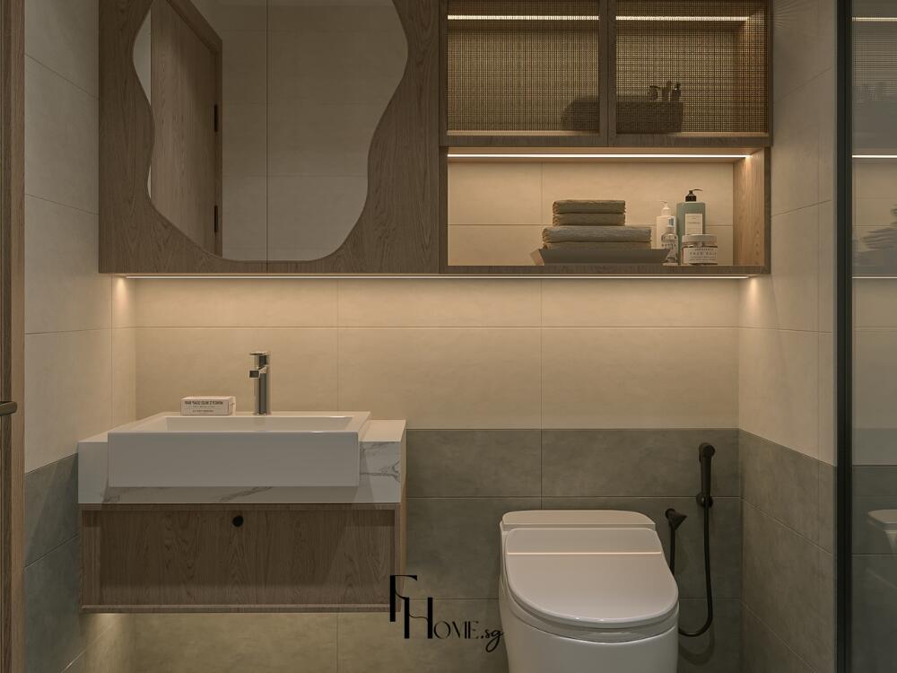 Phòng tắm Zen thanh tịnh với vật liệu tự nhiên và ánh sáng dịu nhẹ mang lại cảm giác thư giãn