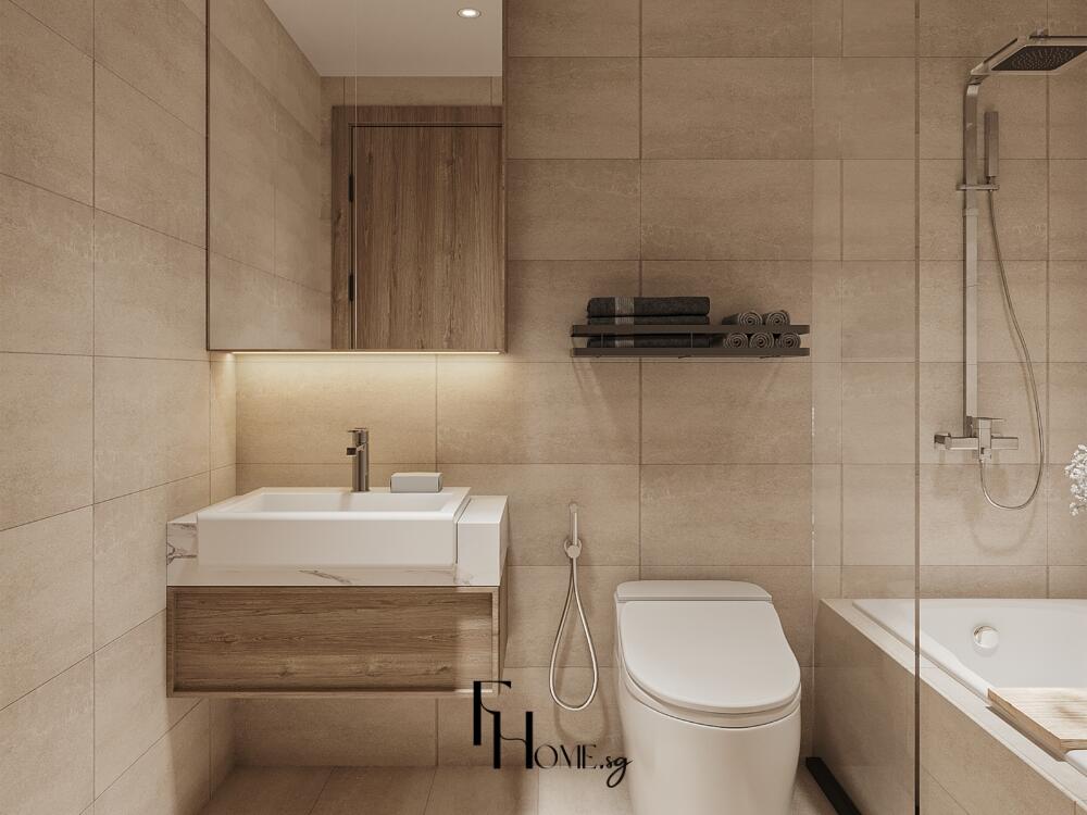 Phòng vệ sinh Rustic ấm áp thanh lịch kết hợp đá gỗ và kim loại hài hòa