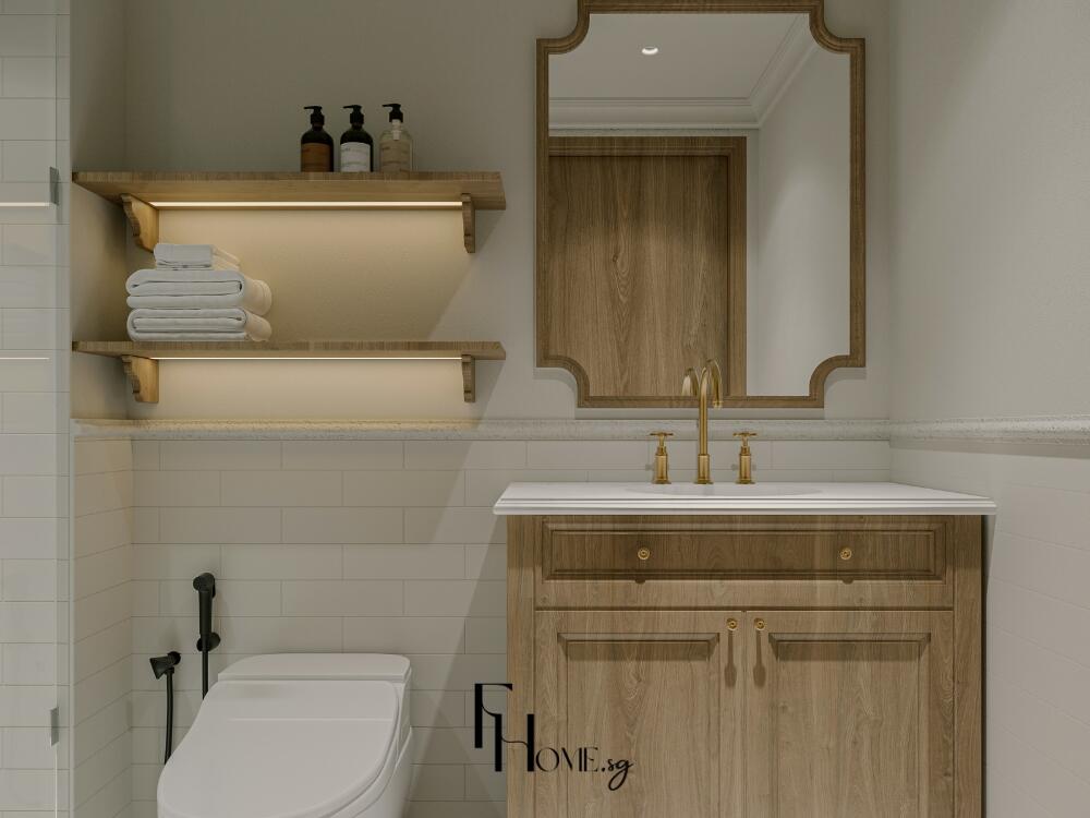 Phòng vệ sinh Rustic tự nhiên với tường đá và khung gương gỗ mang nét cổ điển tinh tế