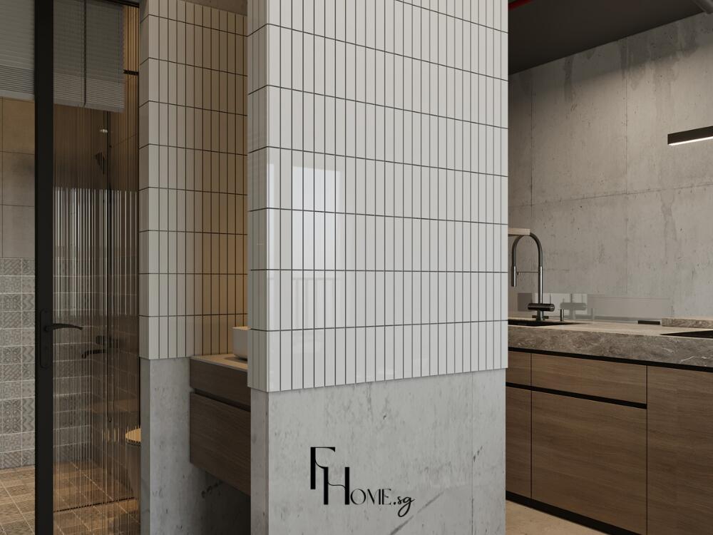 Phòng vệ sinh Rustic tự nhiên với tường ốp gạch đá mang vẻ đẹp thô mộc gần gũi